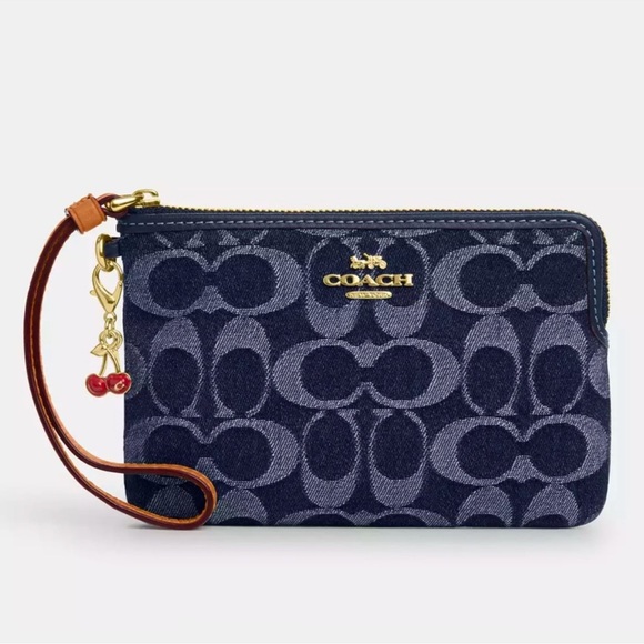 Coach Corner Zip Wristlet w/ Cherry Charm Signature Denim & Vachetta Leather - Picture 1 of 5